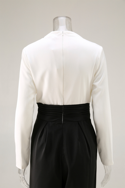 Formal Evening Jumpsuit Black White Asymmetrical Neck Wide-Leg With Pockets