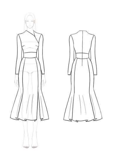 White Black Long-Sleeve Pencil Dress Flare Mermaid Dress