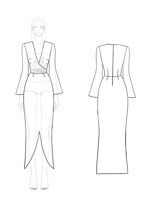 Elegant Bell Sleeves Work Long Dress Deep V Asymmetrical Hem Dress