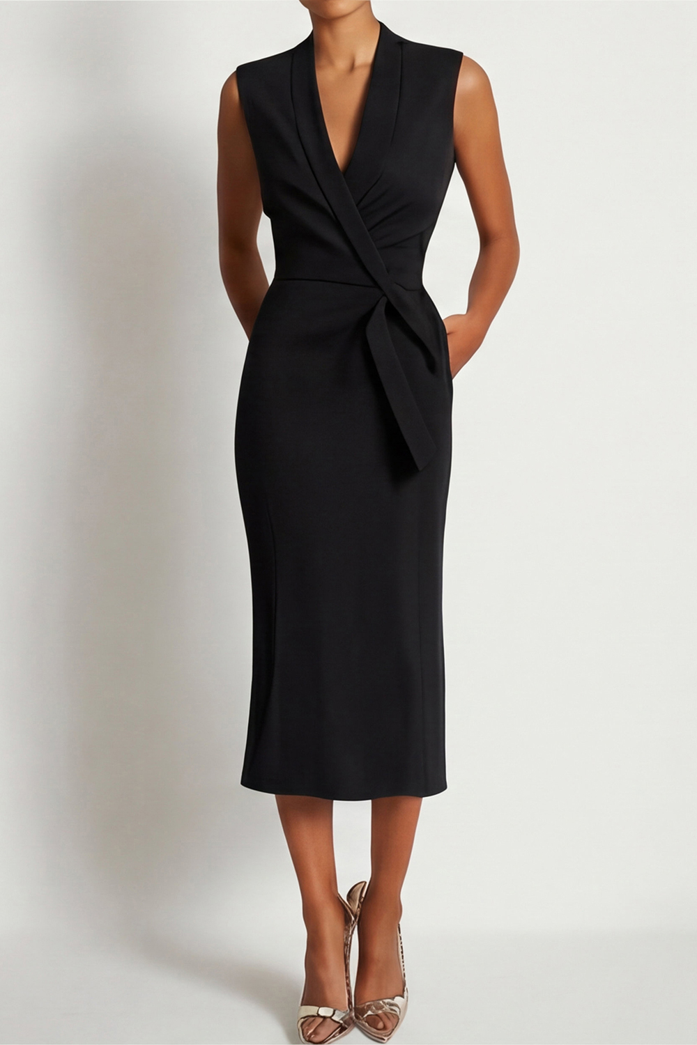 Dark Blue Work Dress V Neck Sleeveless Midi