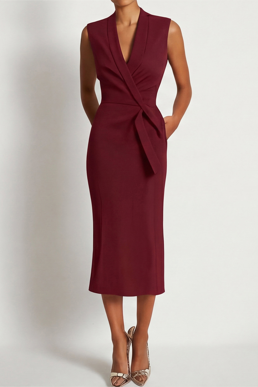 Dark Blue Work Dress V Neck Sleeveless Midi