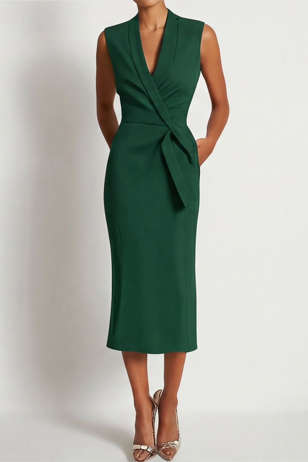 Dark Blue Work Dress V Neck Sleeveless Midi