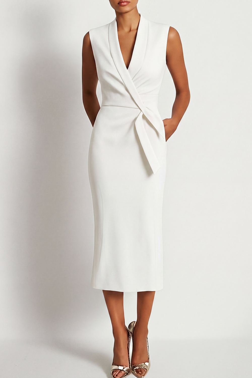 Dark Blue Work Dress V Neck Sleeveless Midi