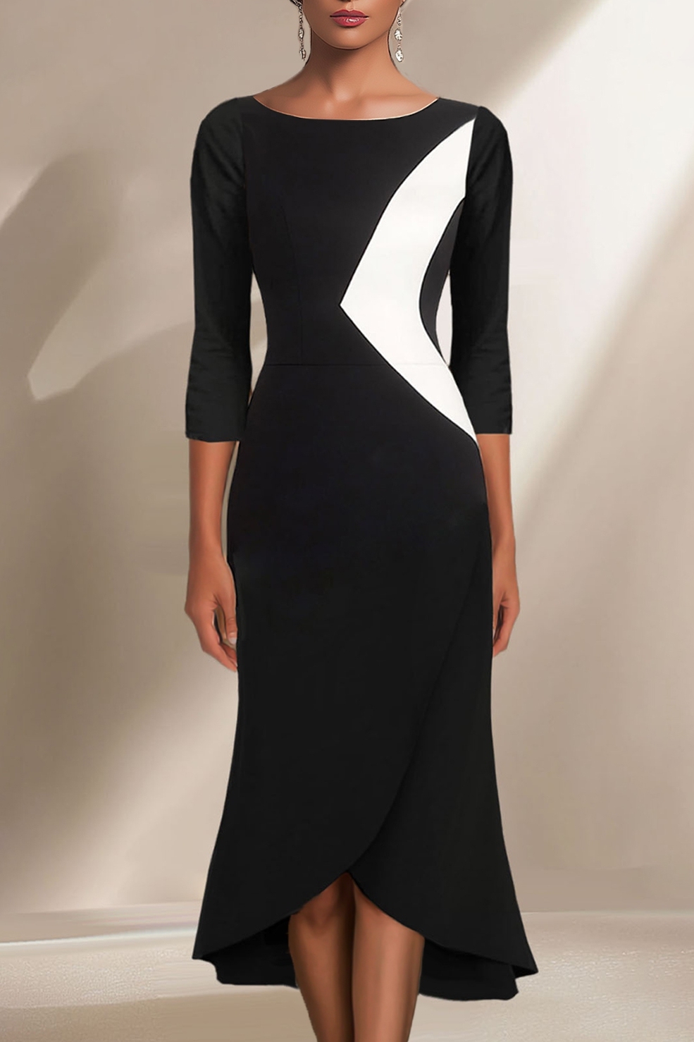 Work Daily Black White Dress Asymmetrical Long Sleeves Dress