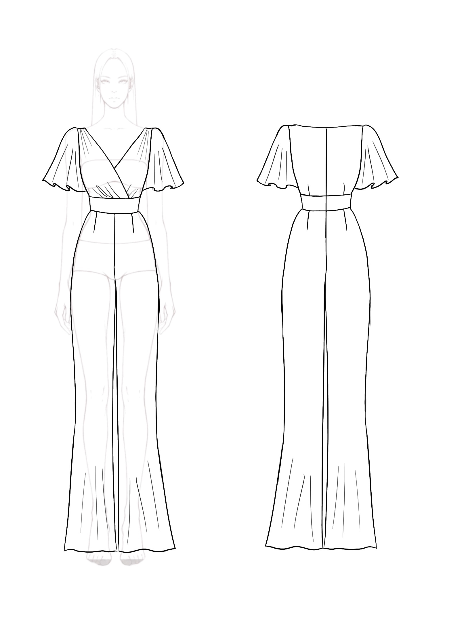 Work Evening Sleek Red Jumpsuit Flared Legs V-Neckline Ruffled Sleeves Jumpsuit