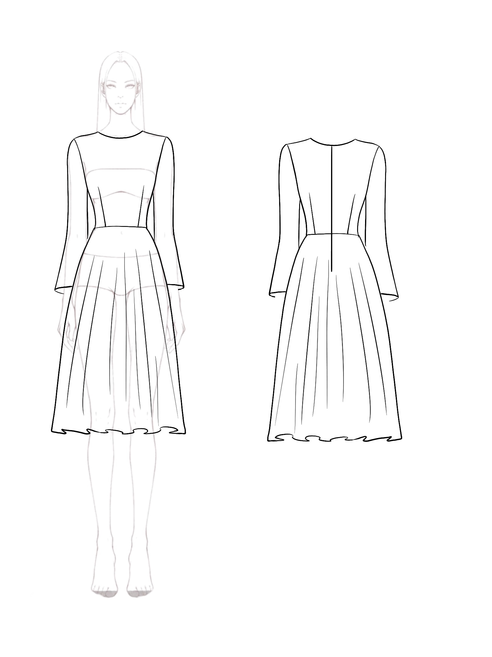 Orange Work Dress Long Sleeves Flared Hem Minimalis Dress