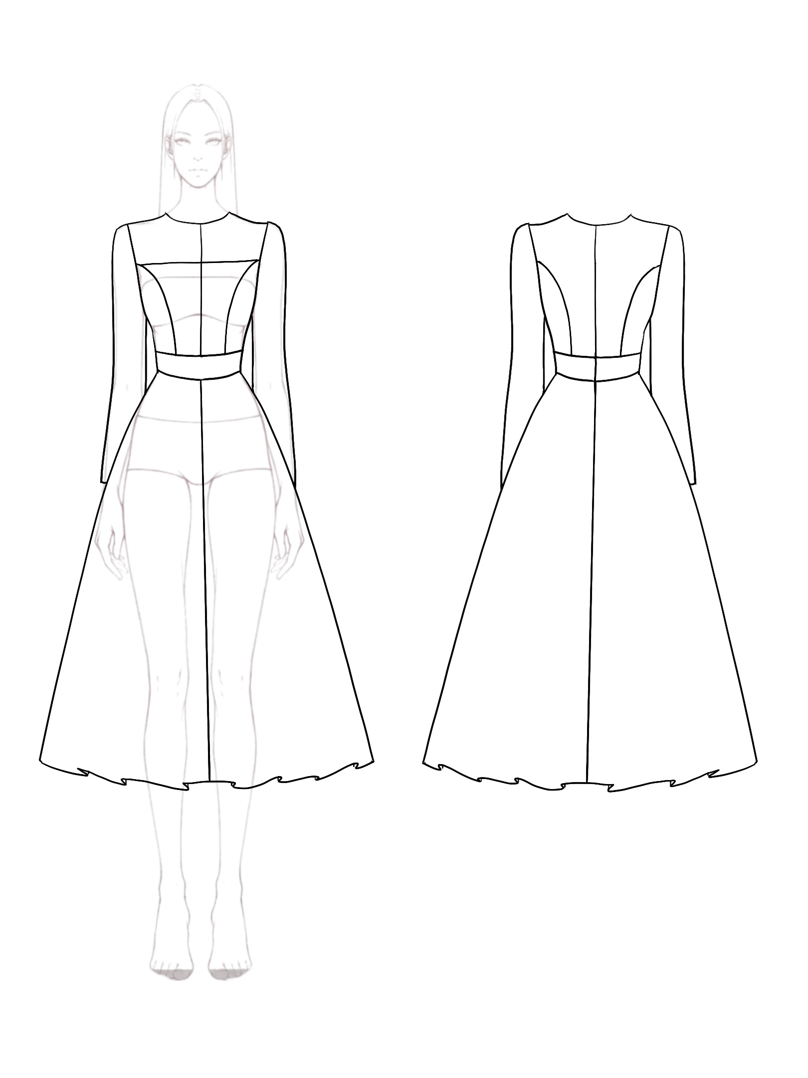 Work Office Green White Color-Block Dress Long Sleeves A-Line Dress