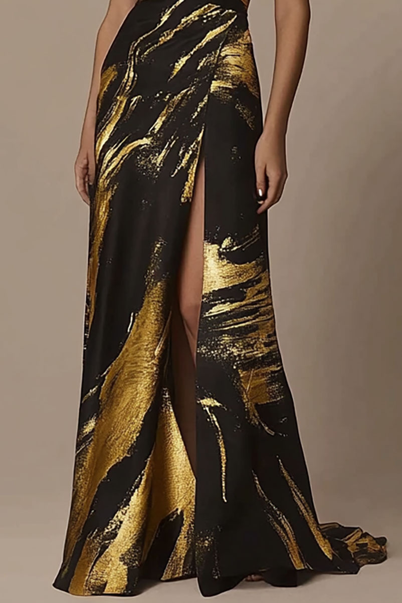 Party Black Gold Dress Sexy Bandeau High Slit Split Maxi Dress