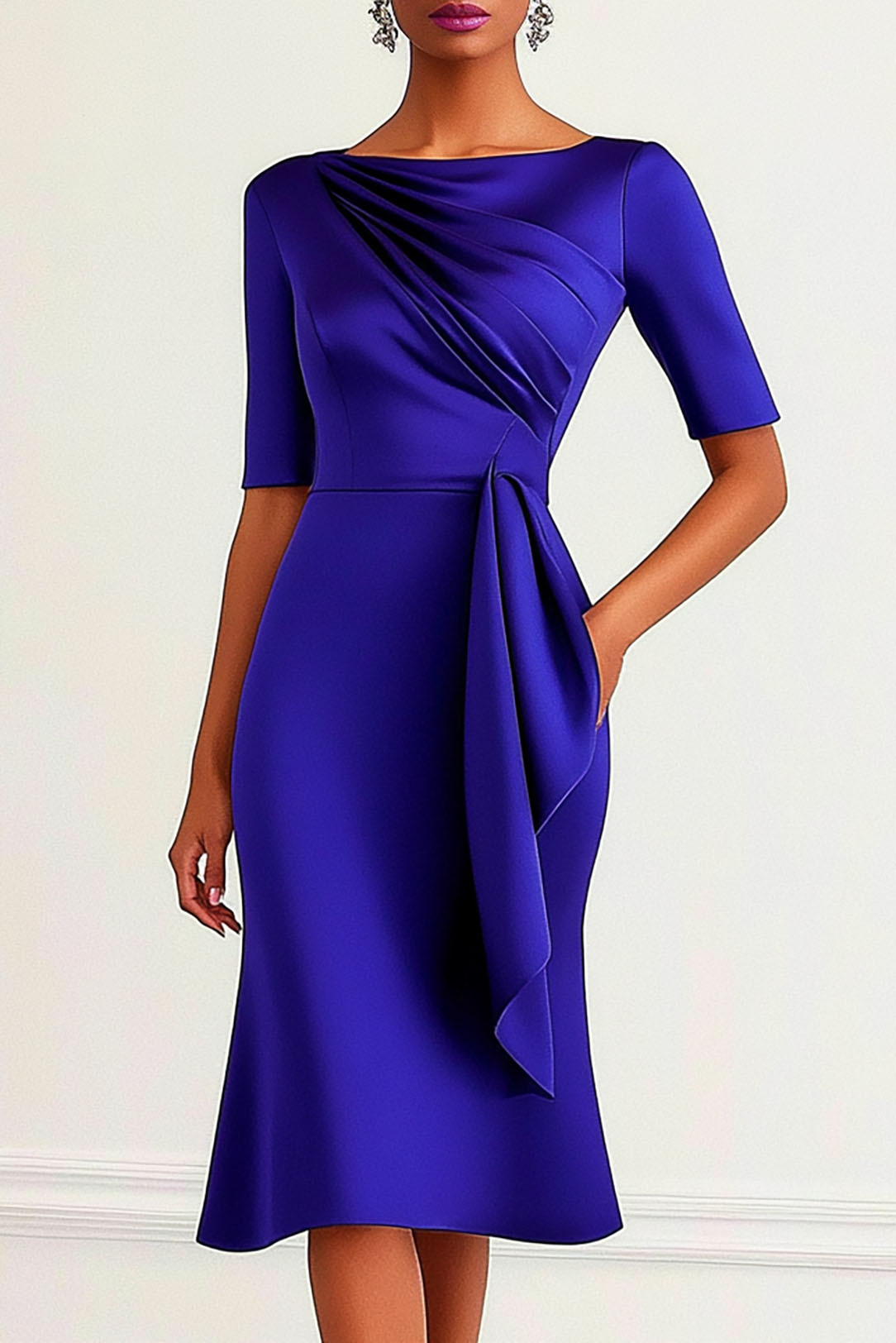 Purple Satin Business Office Dress Crew Neck Half Sleeve Knee High Dress