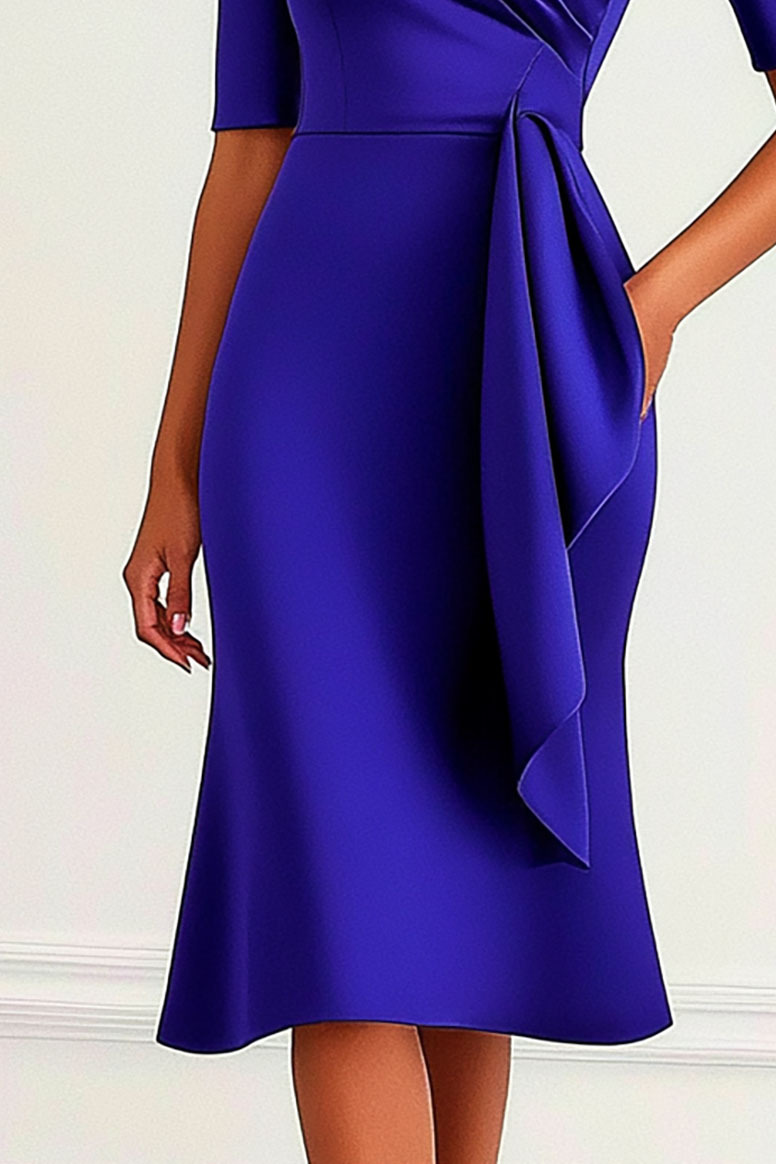 Dark Purple Satin Business Formal Dress Crew Neck Half Sleeve Knee High Dress