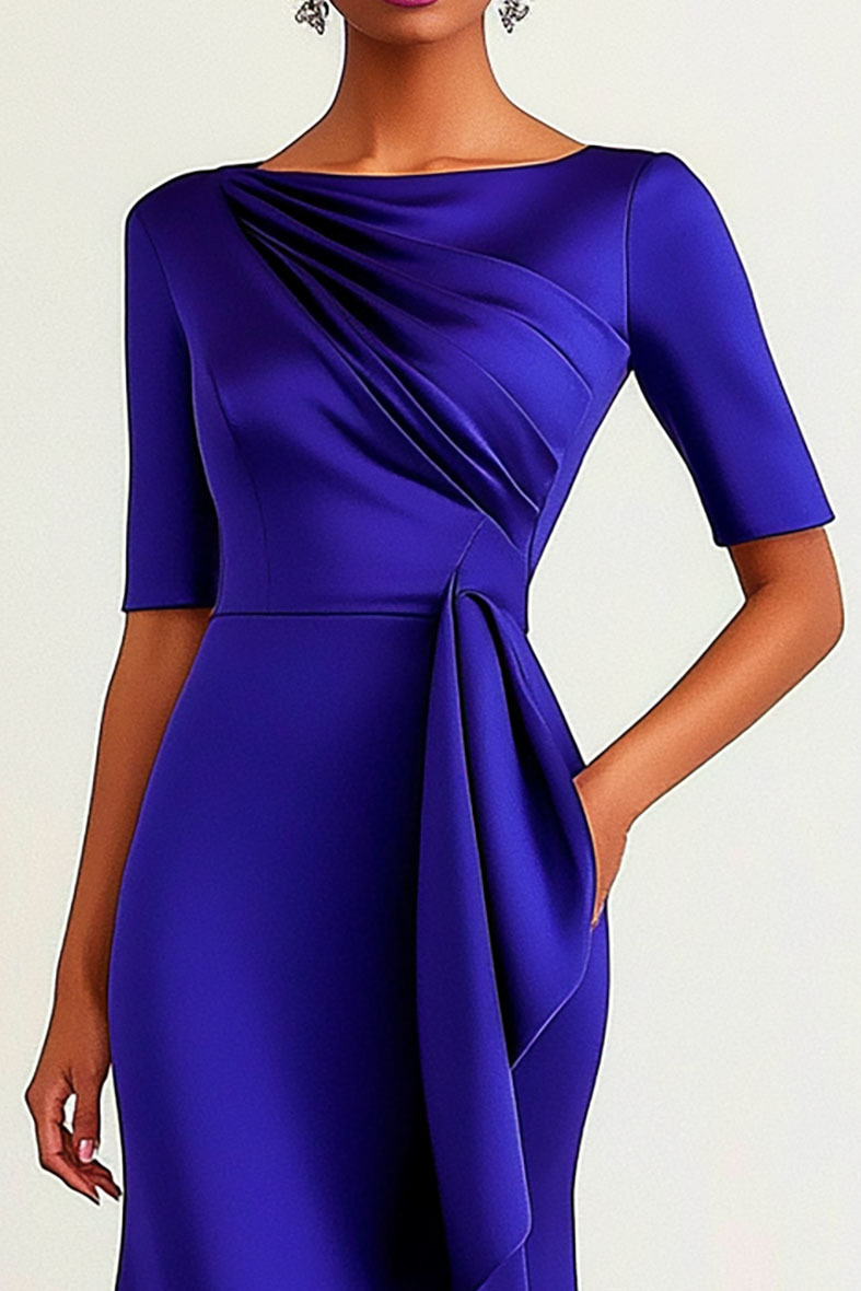 Dark Purple Satin Business Formal Dress Crew Neck Half Sleeve Knee High Dress