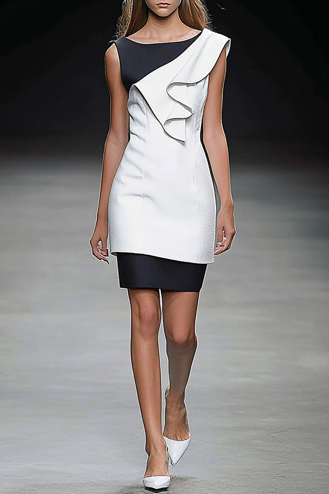 Business Evening White Black Sheath Dress Tiered Sleeveless Dress