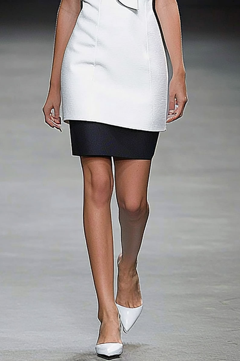 Business Evening White Black Sheath Dress Tiered Sleeveless Dress