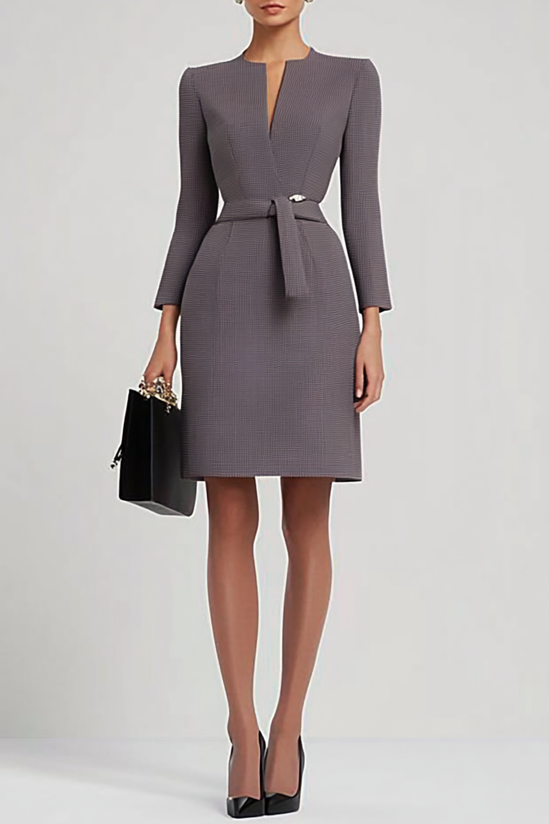 Elegant Formal Business Black Dress Knee-Length V-Neck Side Slits Dres