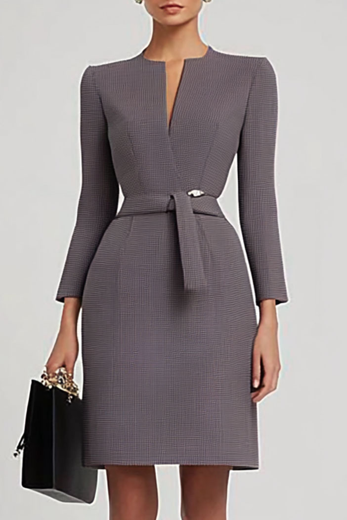Gray Work Business Dress Belt Deep V Neck Elegant Midi Dress