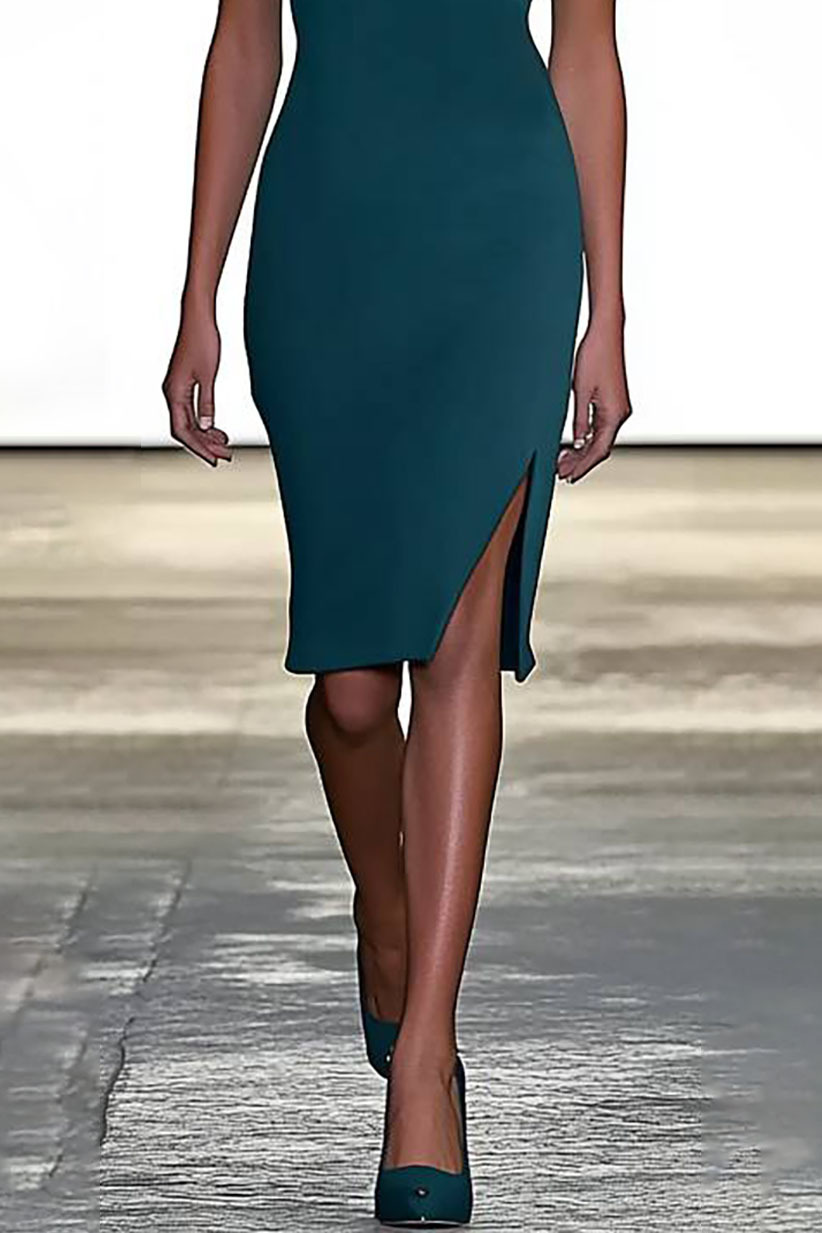 Elegant Party Cocktail Dark Green Sleeveless Floral Embellished Slit Midi Dress