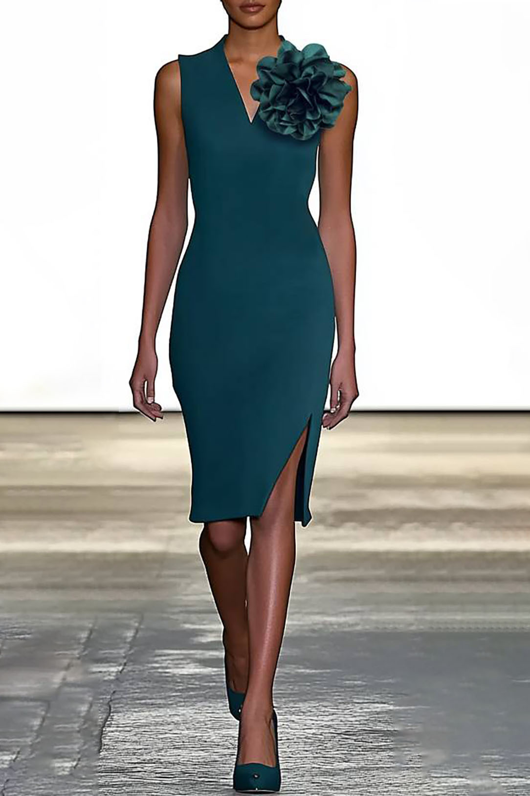 Formal Work Party Boat Neck Royal Blue Sleeveless Belted Slit Midi Dre