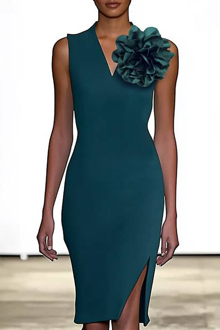 Elegant Party Cocktail Dark Green Sleeveless Floral Embellished Slit Midi Dress