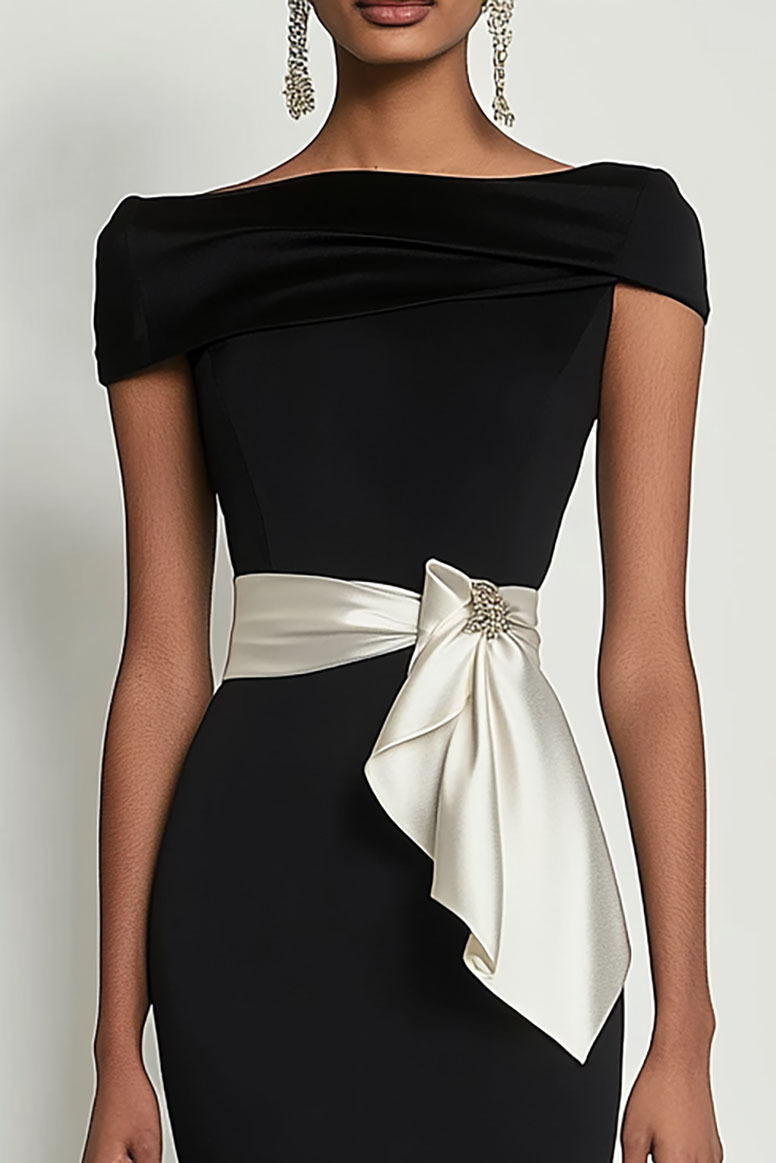 Black Formal Off-Shoulder Dress Satin Belt Bow Mini Dress
