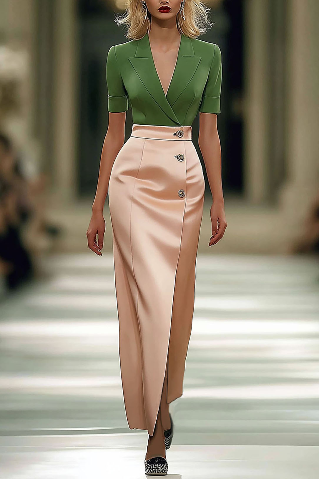 Work Champagne Vintage Dress V-Neck Short Sleeve Satin Maxi Dress