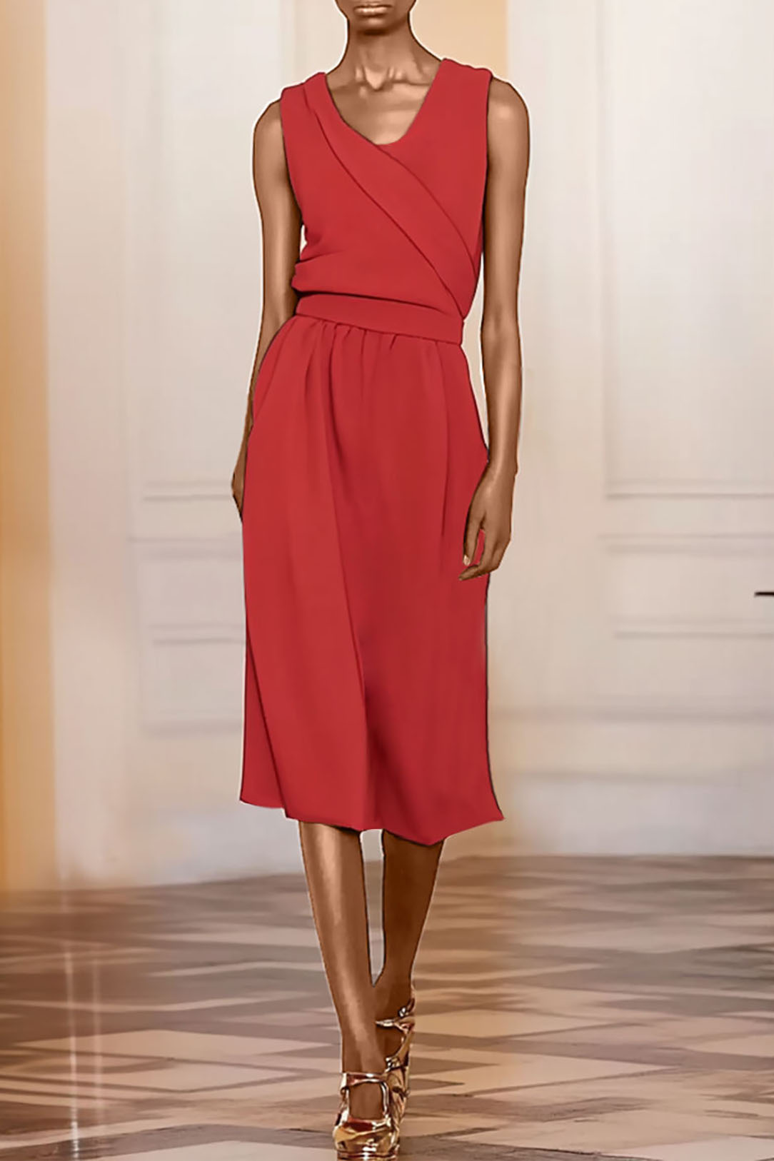 Red Cocktail Casual Midi Dress Sleeveless Wrap Design V-Neck Skirt 
