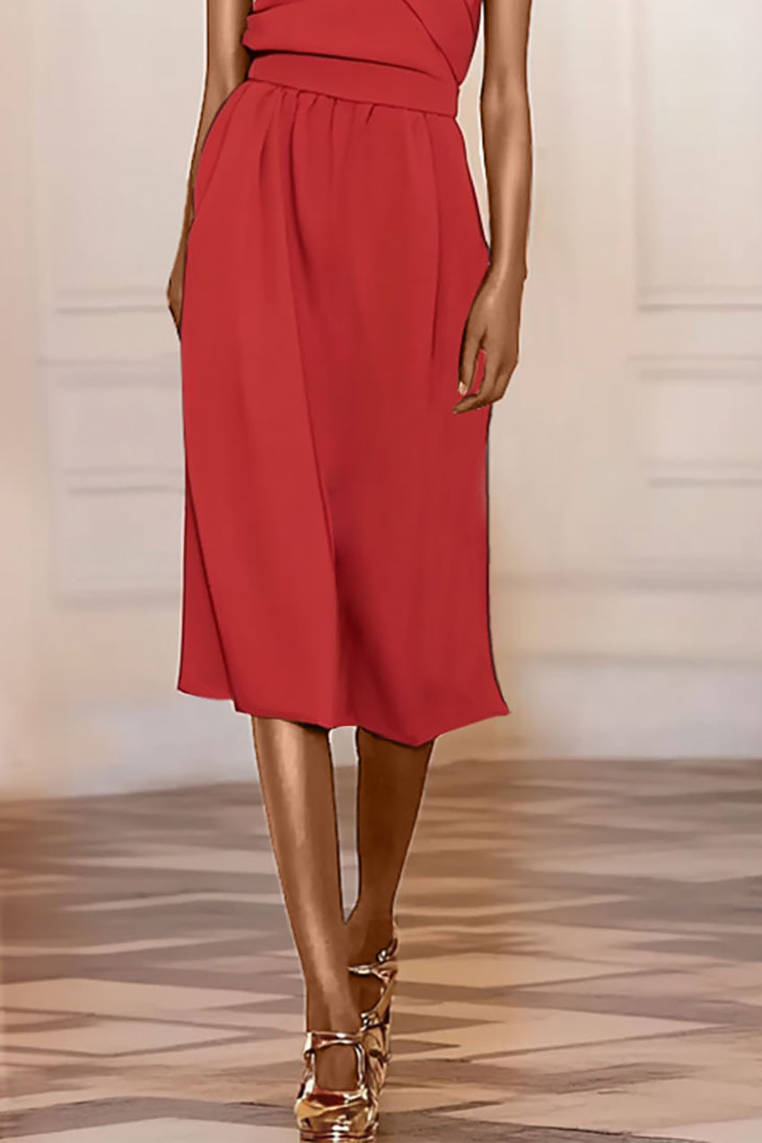 Red Cocktail Casual Midi Dress Sleeveless Wrap Design V-Neck Skirt 
