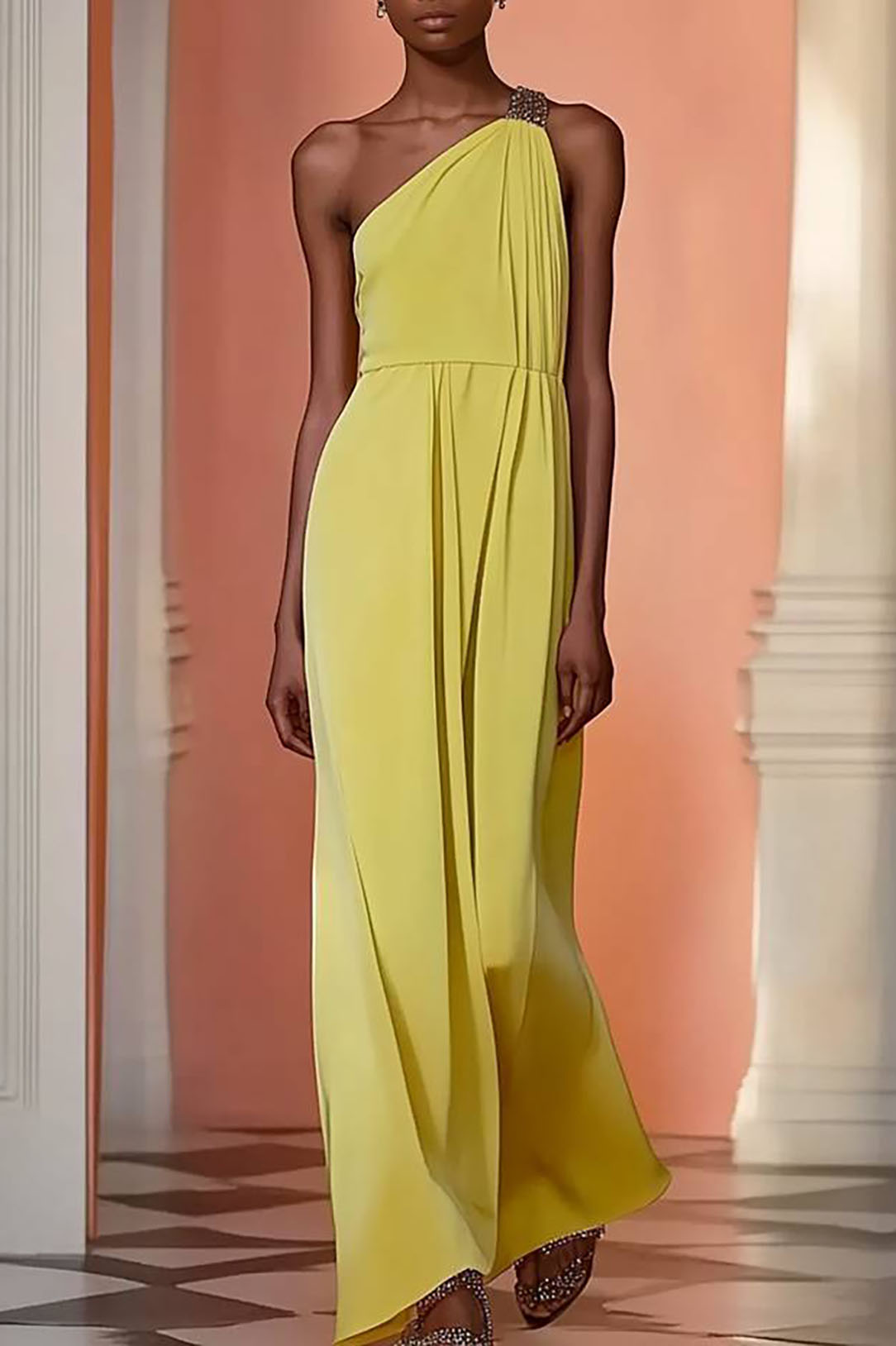 Yellow Evening Dress One Shoulder Strap Draped Maxi Dress