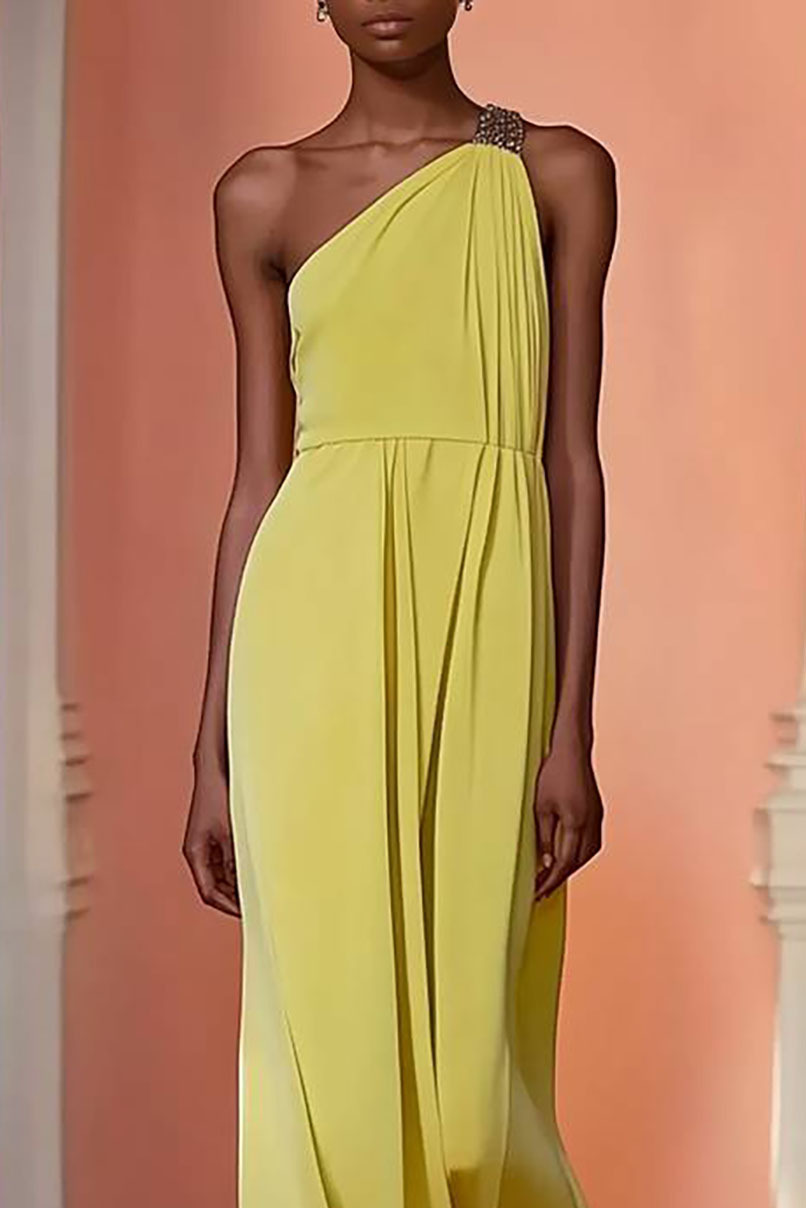 Yellow Evening Dress One Shoulder Strap Draped Maxi Dress