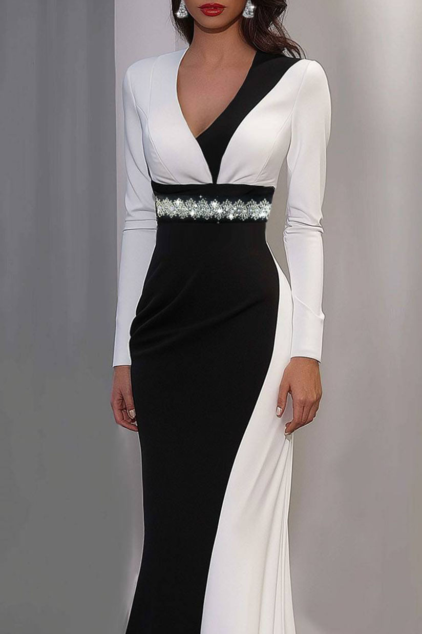 Elegant Maxi Dress Long Sleeves V-Neckline Colorblock Rhinestone Embellished Waist Dress 