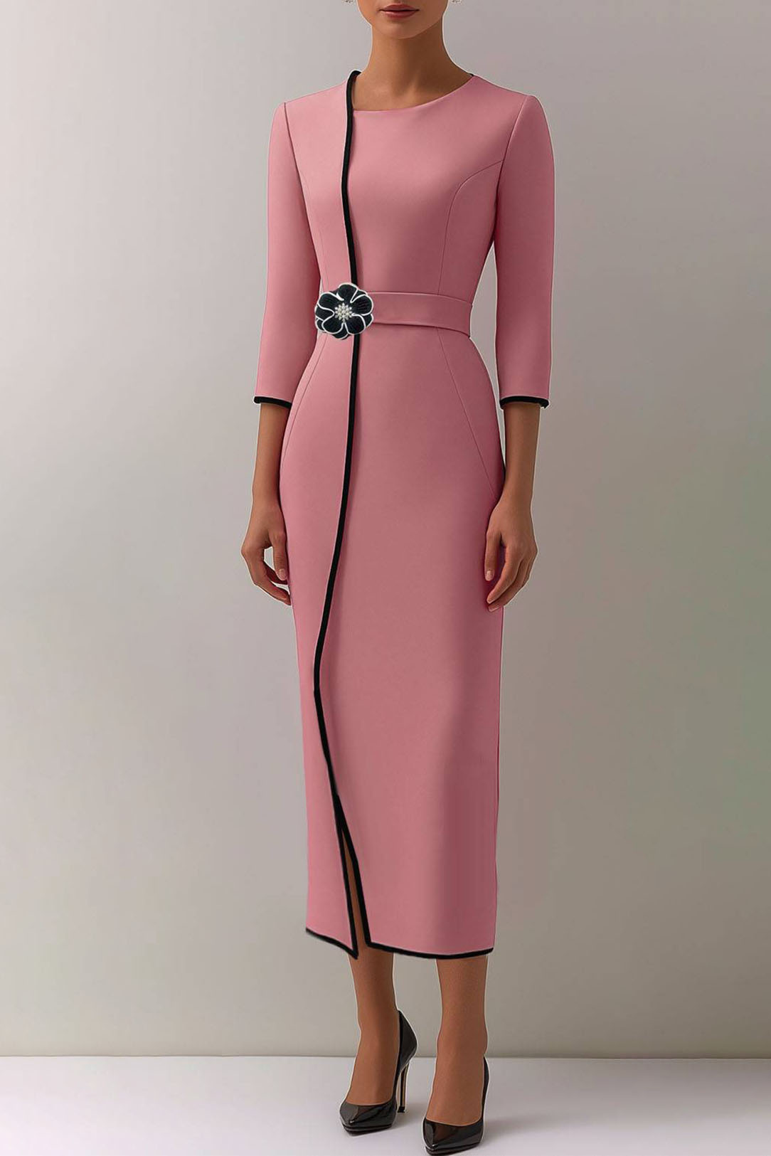 Elegant Midi Pencil Dress Floral Belt Contrast Trim Dress