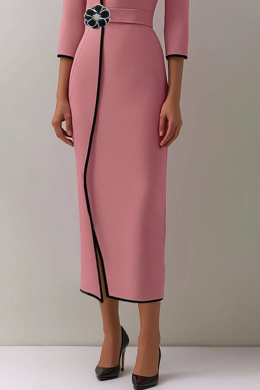 Elegant Midi Pencil Dress Floral Belt Contrast Trim Dress
