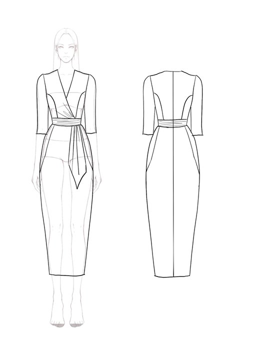 Red Elegant Midi Wrap Dress Floral Accent V-Neck Dress