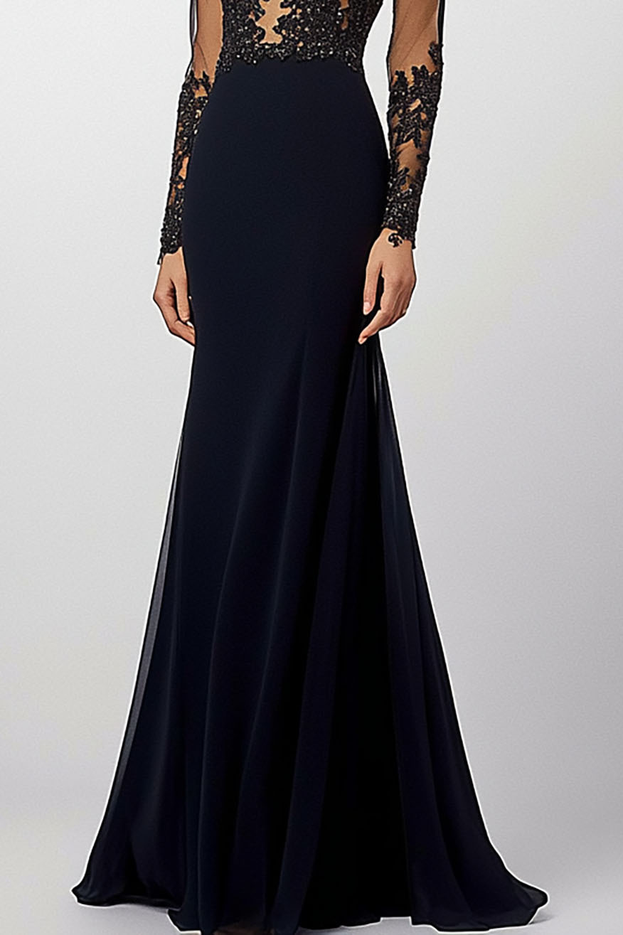 Elegant Black Evening Long length Dress Sheer Lace Sleeves Dress