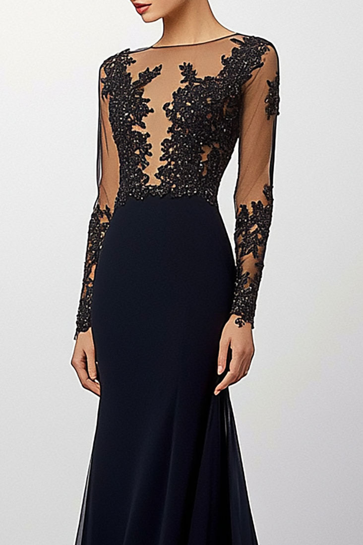 Elegant Black Evening Long length Dress Sheer Lace Sleeves Dress