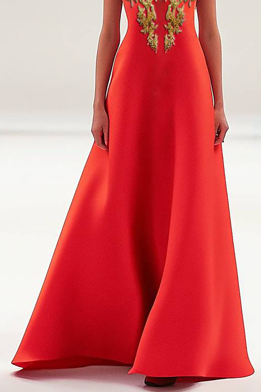 Formal Red Dress Mesh Embroidery Elegant Round Neck Maxi Dress