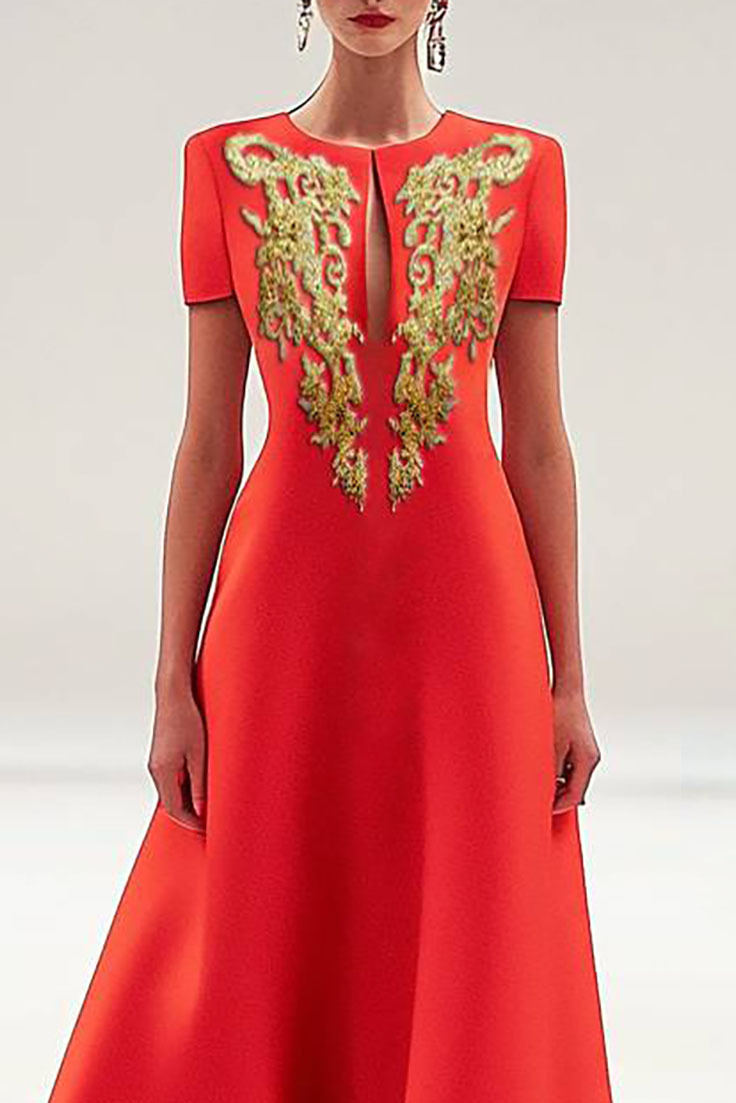 Formal Red Dress Mesh Embroidery Elegant Round Neck Maxi Dress
