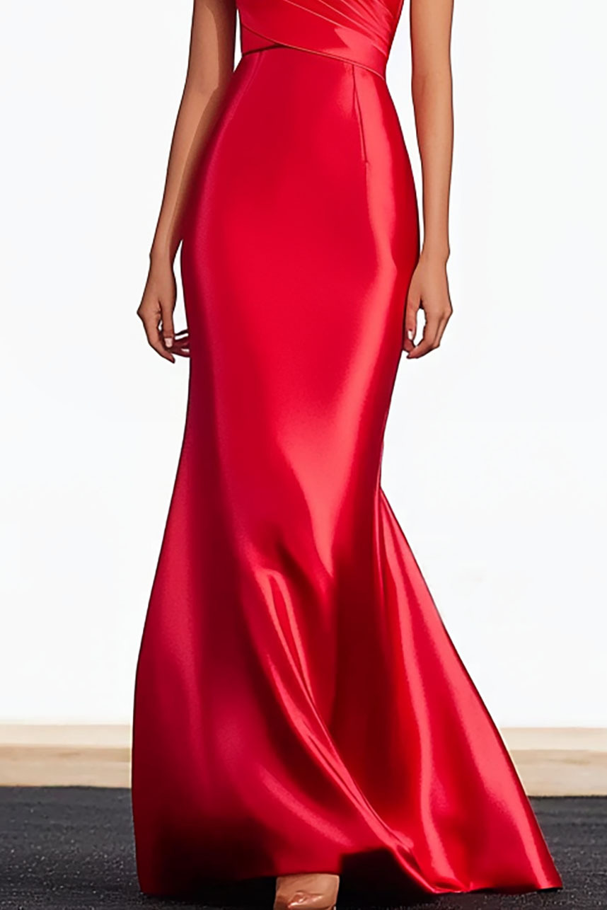 Elegant Red Dress Off-Shoulder Chest Pleated Design Hip-Hugging Long Dress