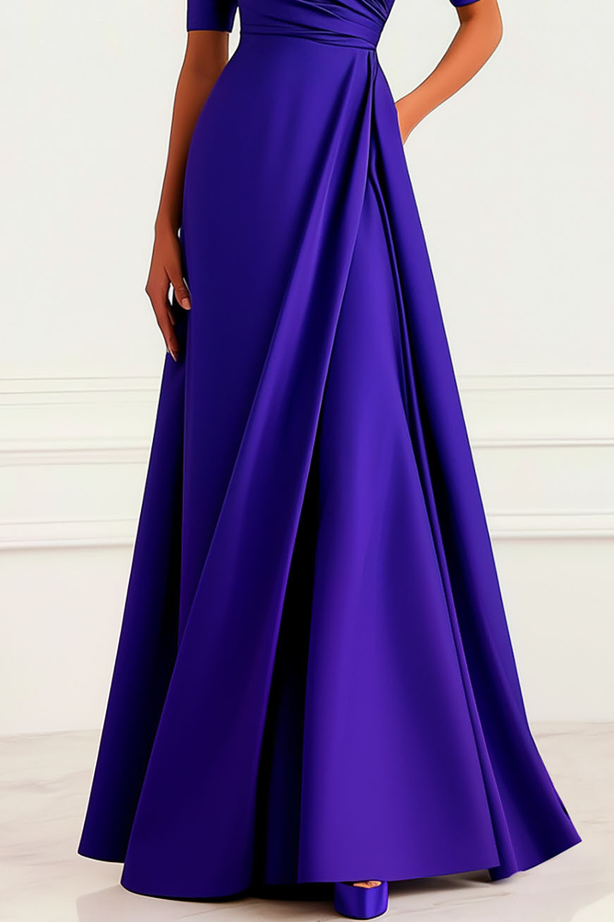 Wedding Guest Purple Dress Boat Neck Waist Pleated Slit Large Skirt Long Dress