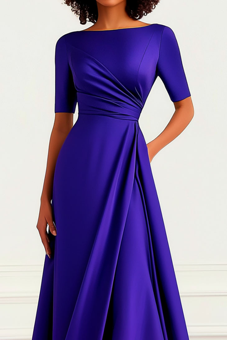 Wedding Guest Purple Dress Boat Neck Waist Pleated Slit Large Skirt Long Dress