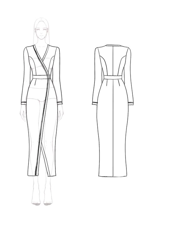 Business Blue Dress Pearl Long Sleeves Cross V-neck Slit Midi Dress