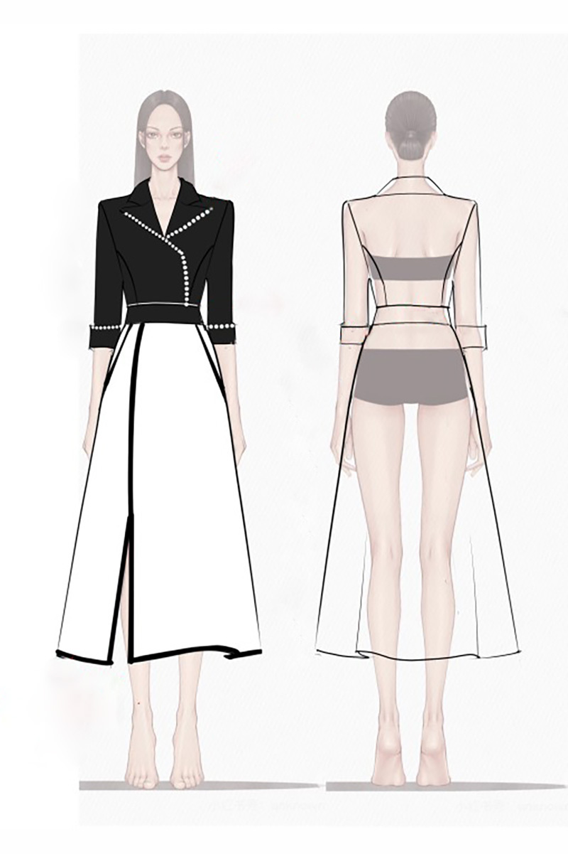 Work Black and White Dress Pearl Sleeves Suit Collar Midi Dress