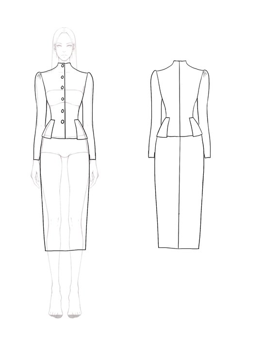 Work Business Gray Blazer Dress Suit Straight Neck Hip-Wrapped Long Sleeve Midi Dress