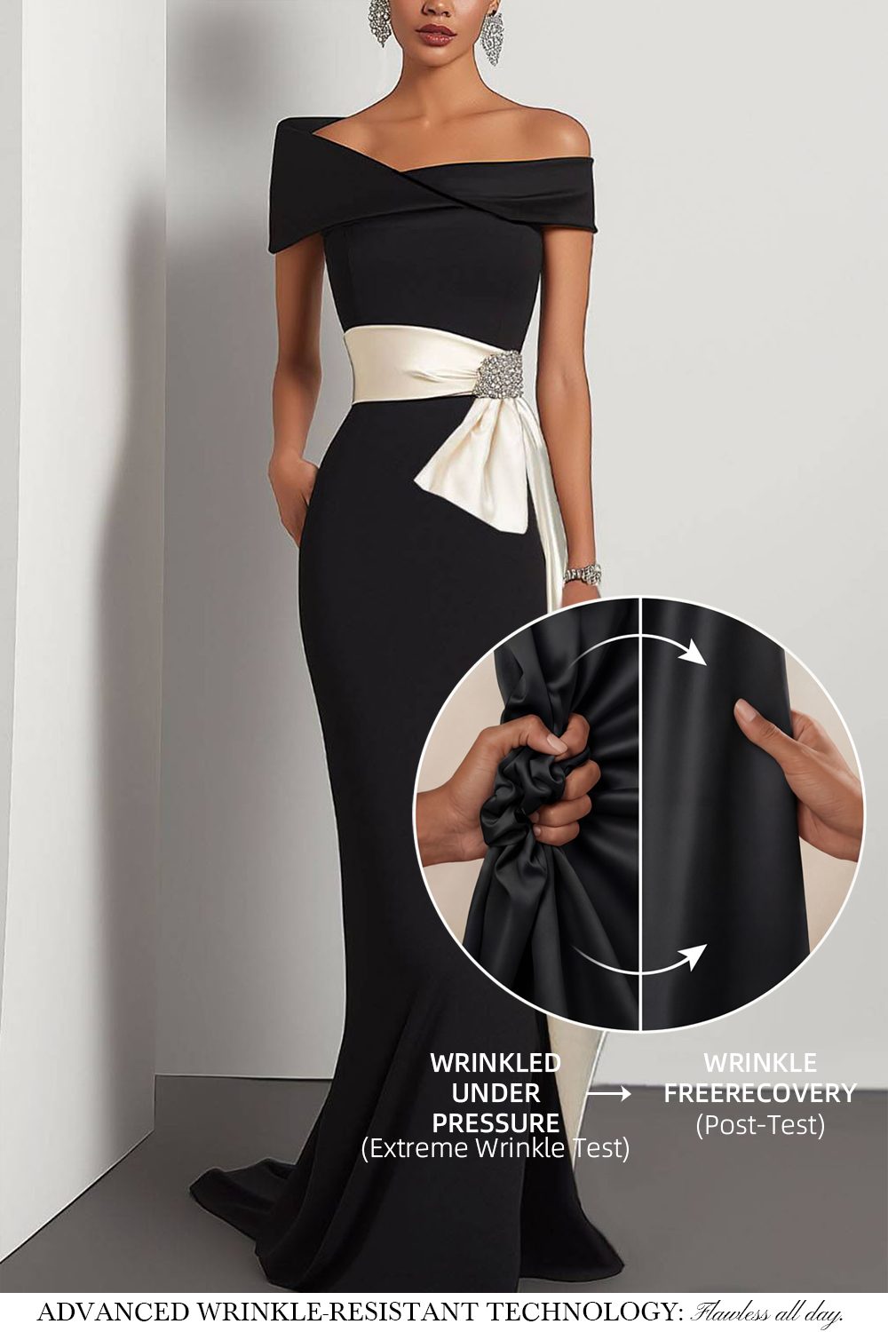 Elegant Evening Dress Black Off-The-Shoulder White Waistband Maxi Dress