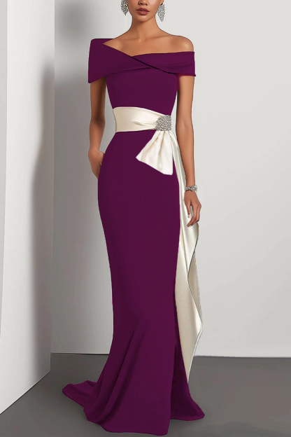 Elegant Evening Satin Dress Off-The-Shoulder White Sash Rhinestone Dress