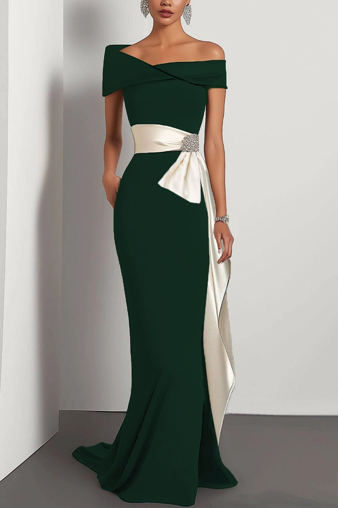 Elegant Evening Black Dress Off-Shoulder White Satin Sash Maxi Dress