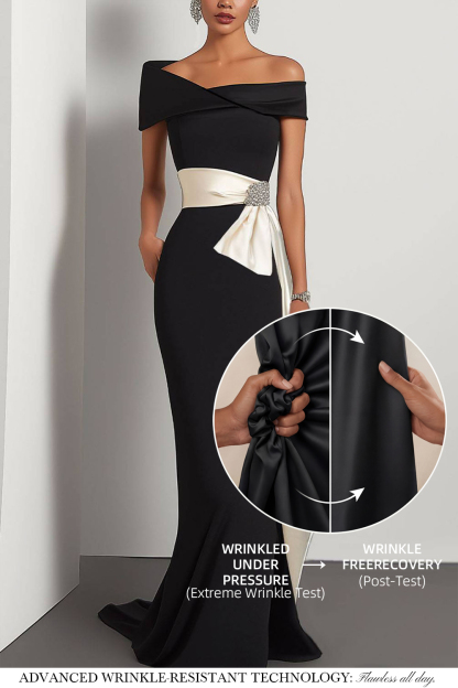 Elegant Evening Dress Black Off-The-Shoulder White Waistband Maxi Dress
