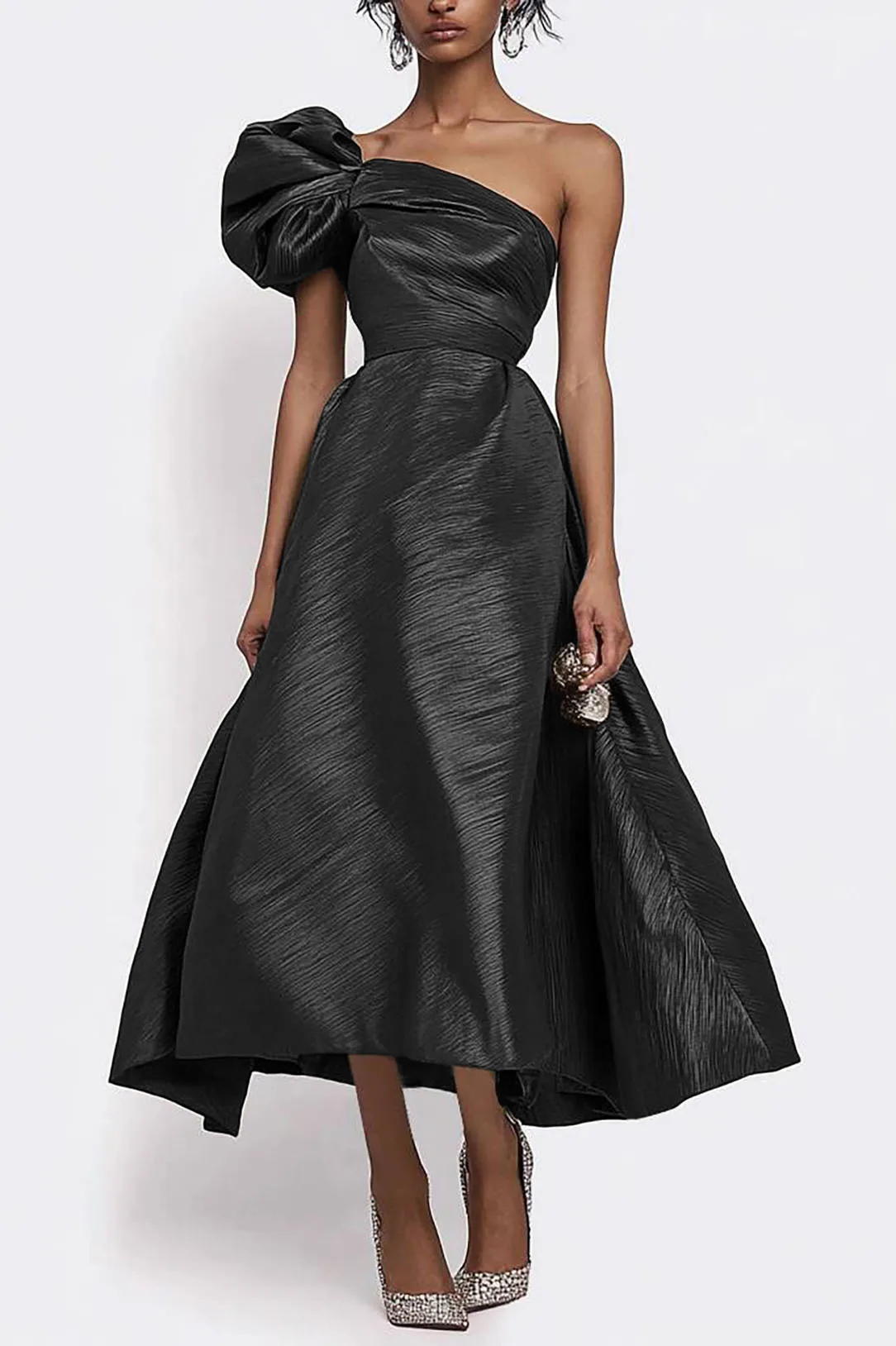 Elegant Evening One-Shoulder Dress Bow Accent Dark Olive Green Midi Dress