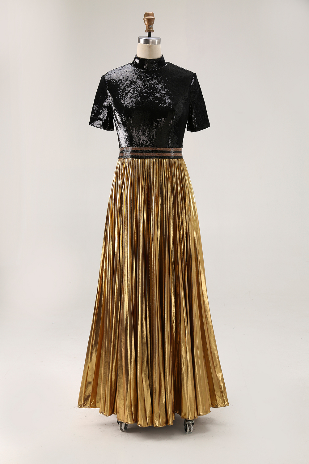 Party Shiny Dress Pleated Pearl Black and Gold Color-Block Maxi Dress