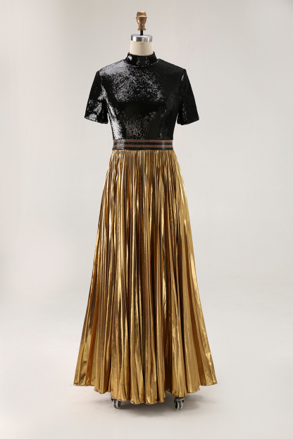 Party Shiny Dress Pleated Pearl Black and Gold Color-Block Maxi Dress