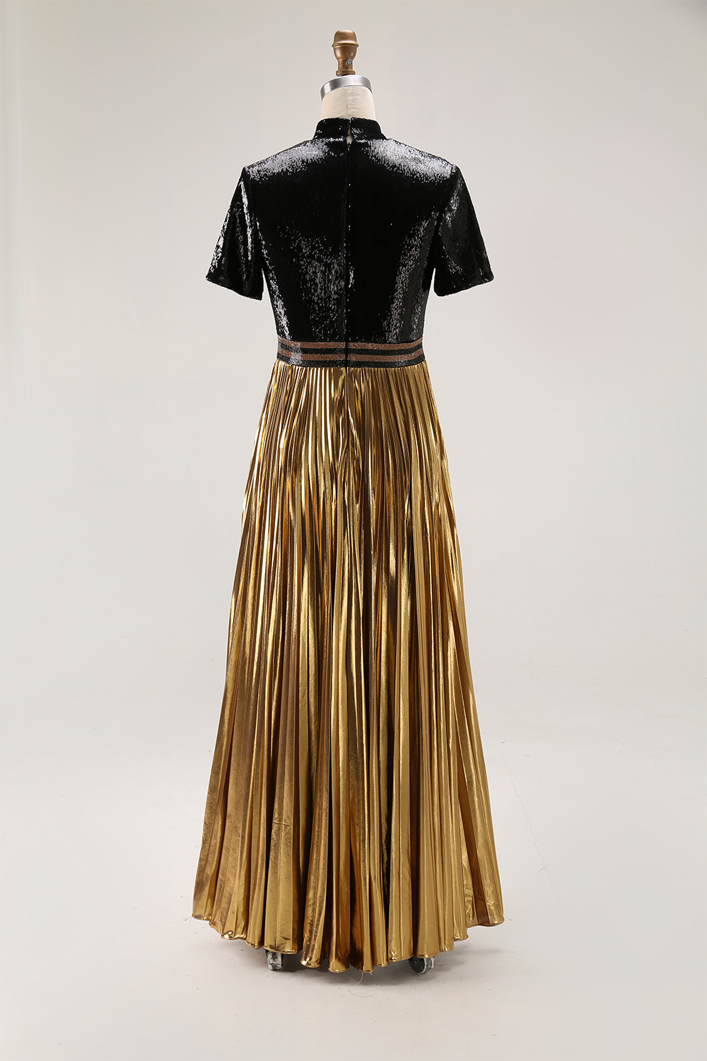 Party Shiny Dress Pleated Pearl Black and Gold Color-Block Maxi Dress